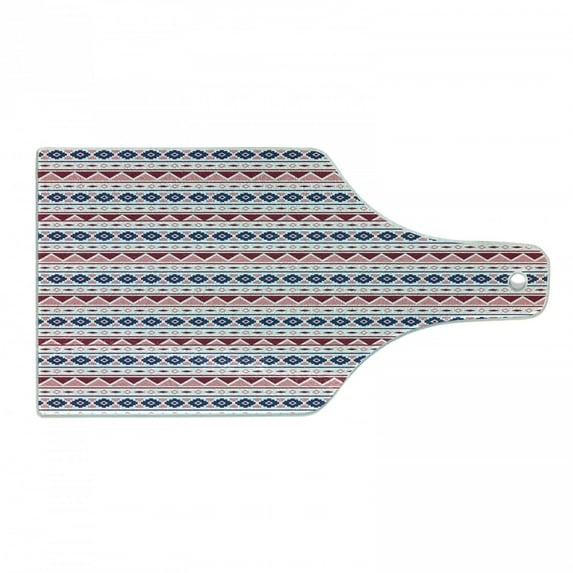 Ethnic Cutting Board, Pattern with Triangles Rhombuses Squares Pastel Illustration, Decorative Tempered Glass Cutting and Serving Board, Wine Bottle Shape, Pale Pink Dark Blue, by Ambesonne