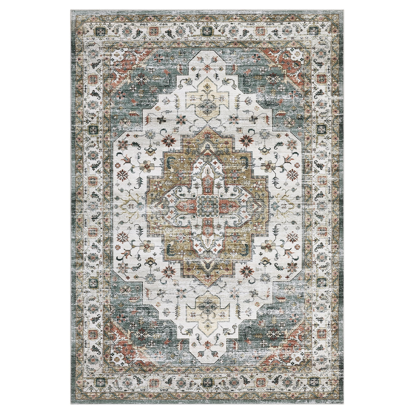 Garvee 10'x13' Large Area Rug for Living Room Vintage Medallion Rug Floral Print Rug Non Slip Low Pile Indoor Bedroom Rug, Camel Green