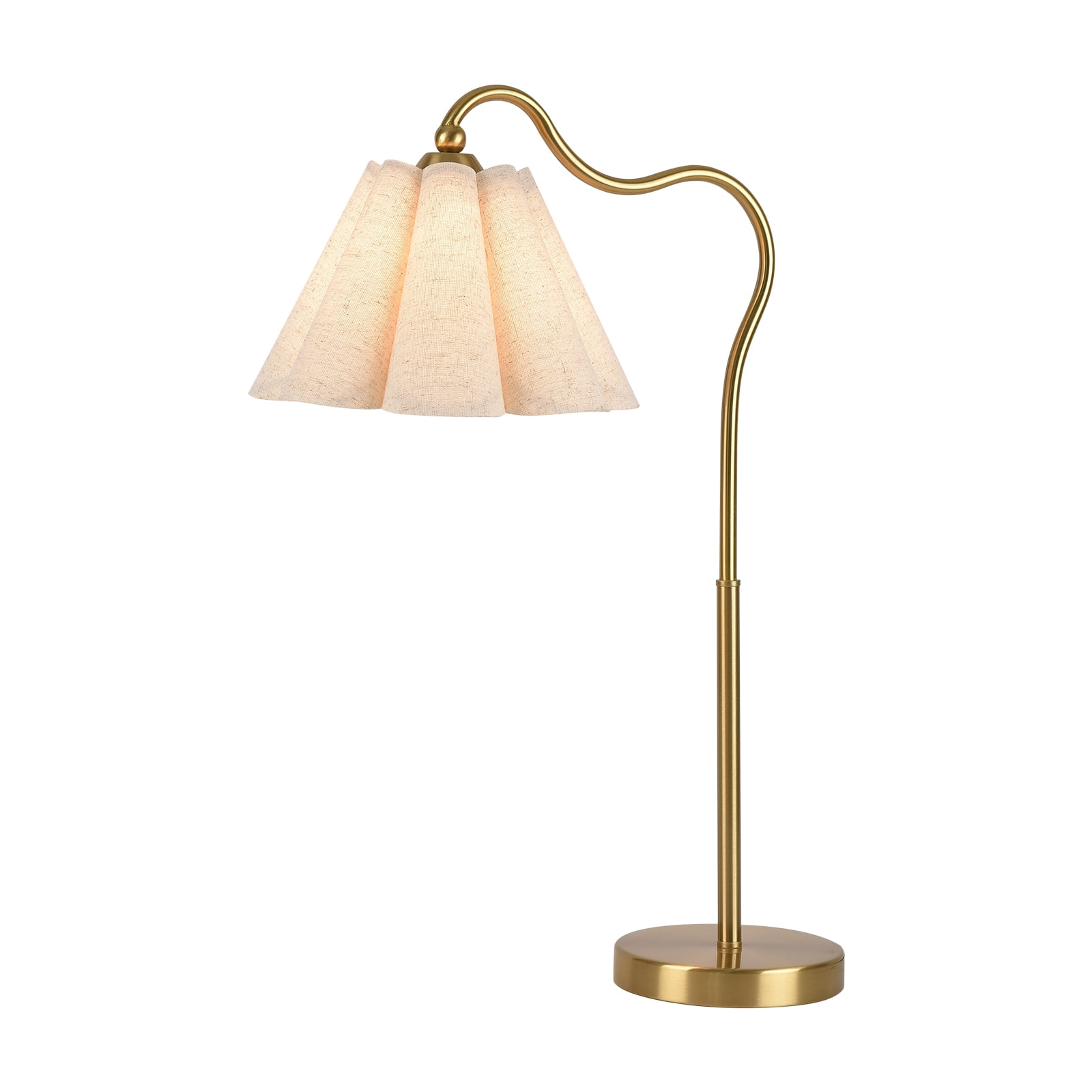 KUNJOULAM Modern Minimalist Style Gold Curved Metal Lamp Post Decorative Desk Lamp, Use E26 Bulb With Linen Petal Shaped Lampshade(bulb Not Included)