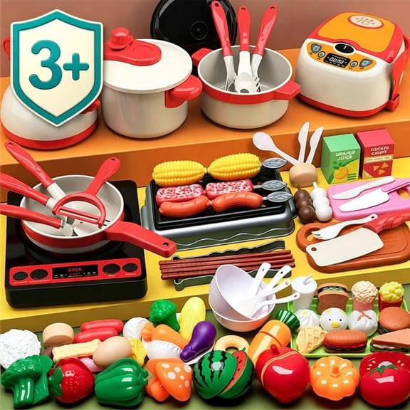 Kids Pretend Play Kitchen Accessories Set with Induction Stove, Rice Cooker, Grill, Pots Pans, Cutting Food Fruits Vegetables, Educational Cooking Toy for Toddlers Boys Girls Ages 3 Birthday Gifts