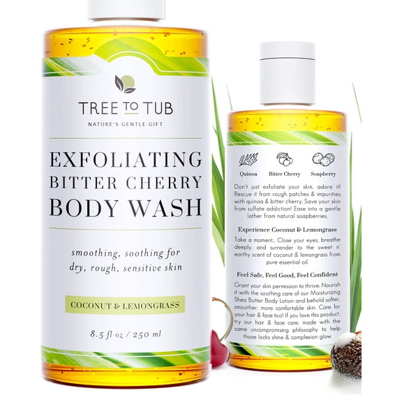 Tree To Tub Bitter Cherry Coconut Exfoliating Body Wash - Body Scrub for Sensitive Skin - Skin Exfoliator for Body for Women & Men Natural Cherry