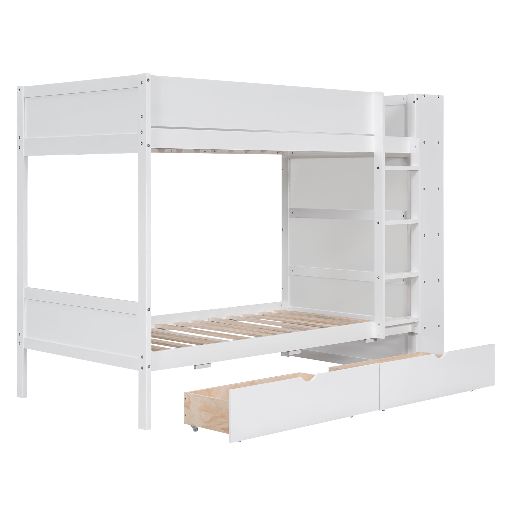 Euroco Wood Twin over Twin Bunk Bed with Drawers and Storage Shelves, White