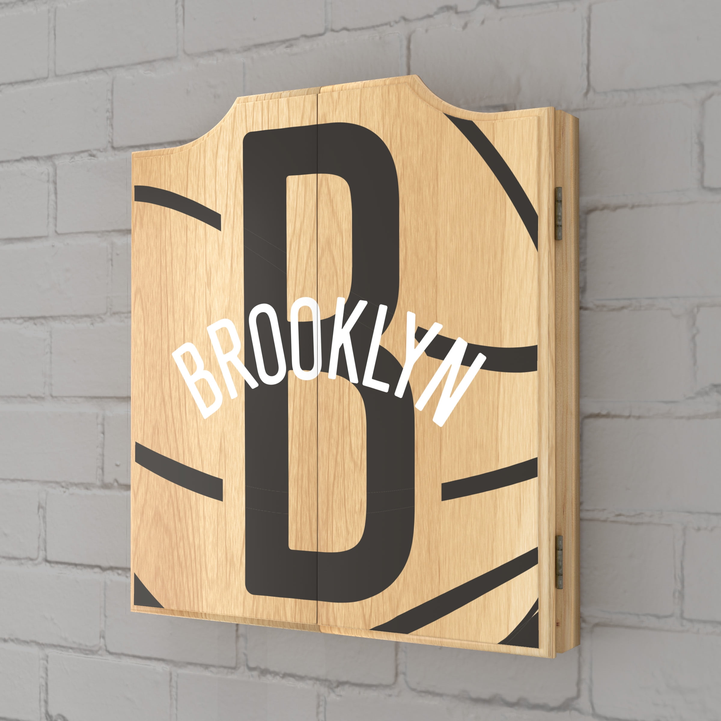Brooklyn Nets Fade Dart Board Cabinet Set with 6 Steel Tip Darts