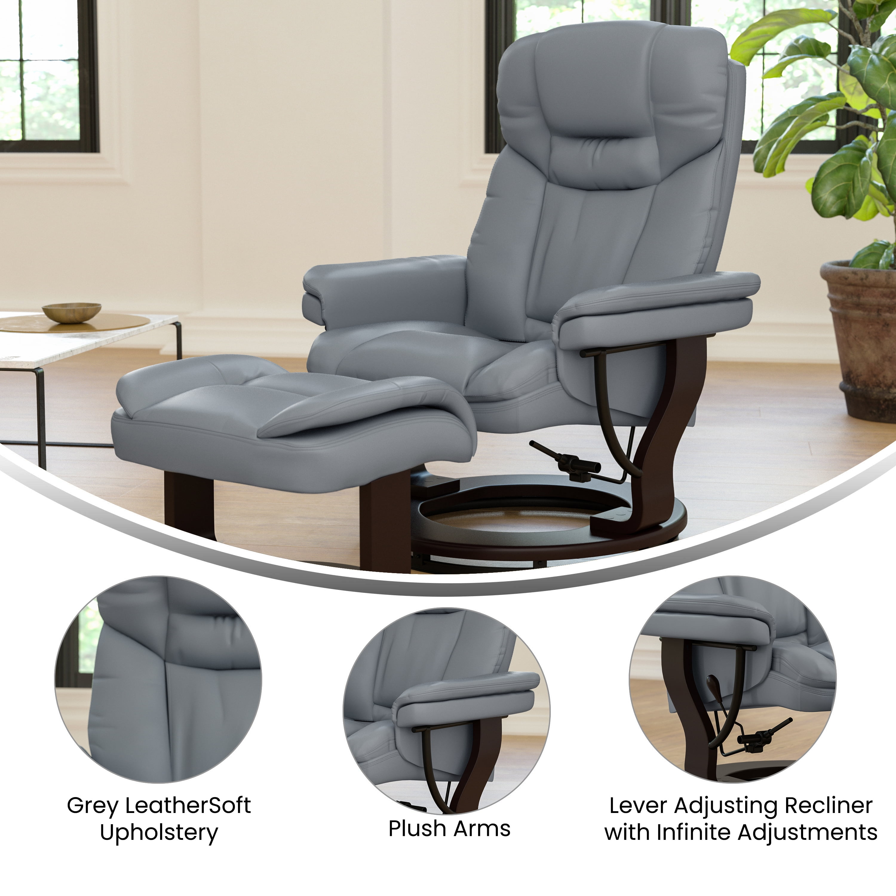 Emma + Oliver Recliner Chair with Ottoman | Gray Faux Leather Swivel Recliner Chair with Ottoman Footrest
