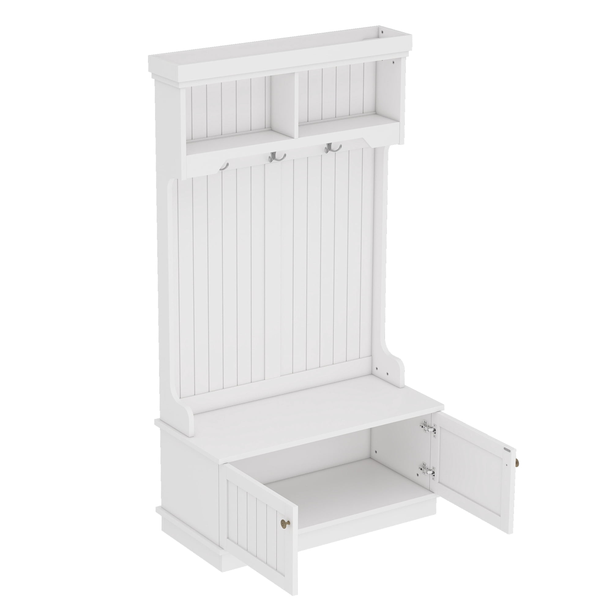 Mintazer 4‑in‑1 Hall Tree with Hooks & Storage Bench, Multifunctional Entryway Coat Rack with Upper Open Shelves & Lower Cabinet for Living Room Mudroom Bedroom, White