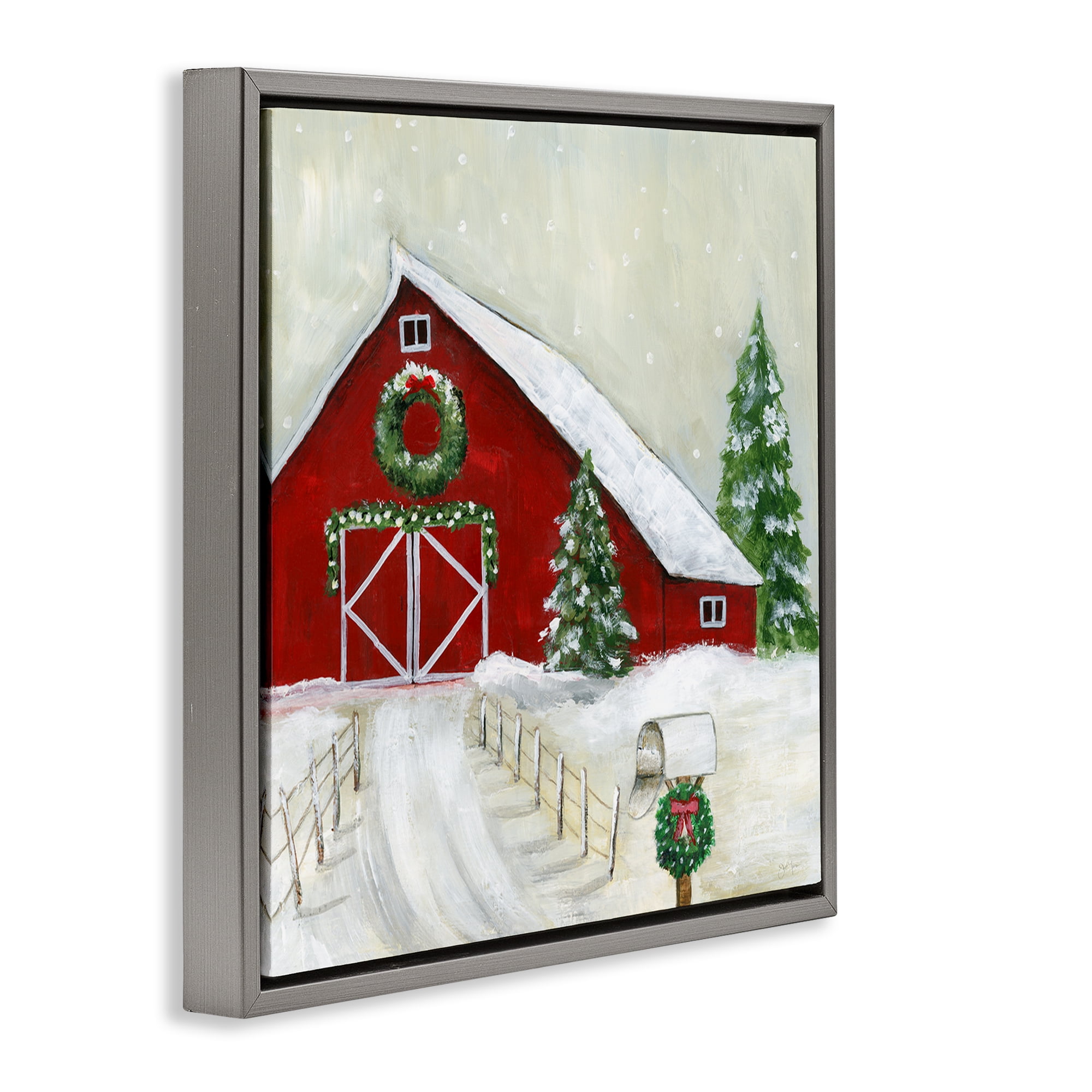 Stupell Industries Winter Barn Scenery Holiday Painting Gray Floater Framed Canvas Art Prints Wall Art, 18 x 18