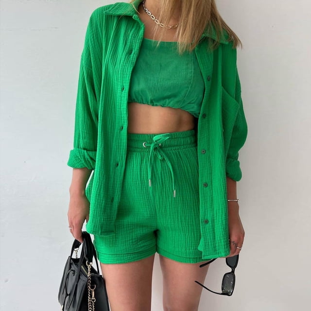 Trajes De Verano De 2 Piezas Blusas de mujer Top Shorts Algodón de color sólido Ajuste holgado Cintura elástica Traje diario Ygjytge Verde S para Mujer