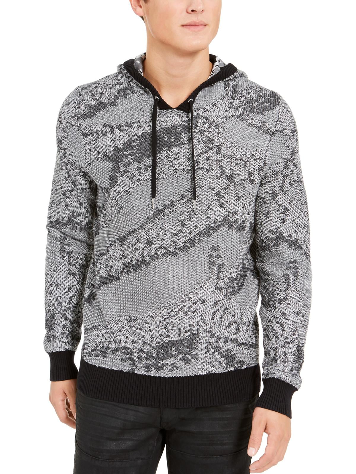 INC Mens Jax Cotton Ribbed Trim Hooded Sweater Gray L