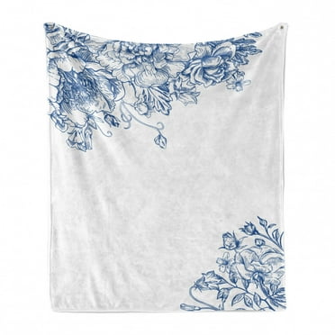 Vintage Blue Soft Flannel Fleece Throw Blanket, Vintage Style Floral Design with Peony Blossoms Buds and Roses, Cozy Plush for Indoor and Outdoor Use, 60" x 80", Cobalt Blue and White, by Ambesonne