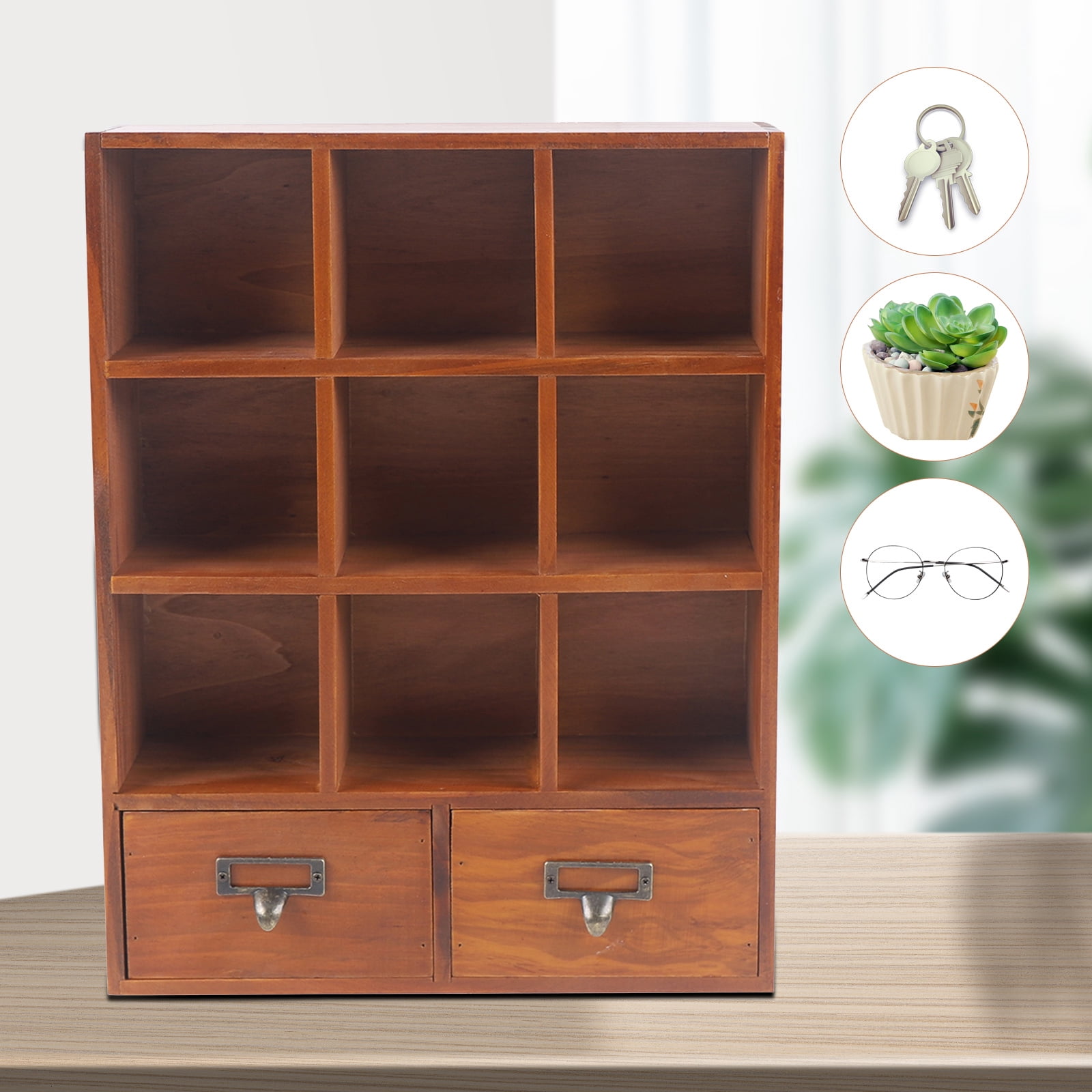 Loyalheartdy 9-Cube Bookshelf Storage Organizer Retro Wooden Cubby-style Storage Rack with 2 Drawers for Home Office