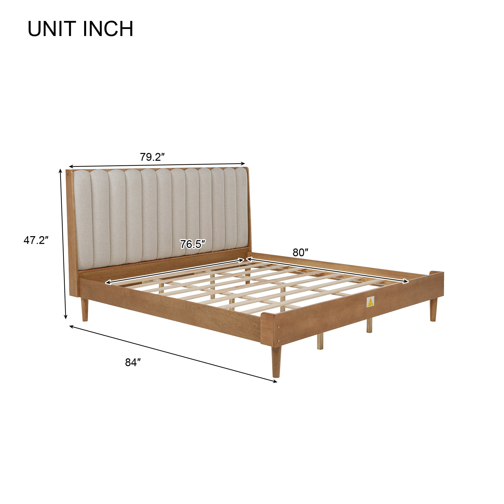 Sailvan Wood Bed with Piano Key Style Upholstered Headboard, Wood Bed with Strengthened Bed Frame
