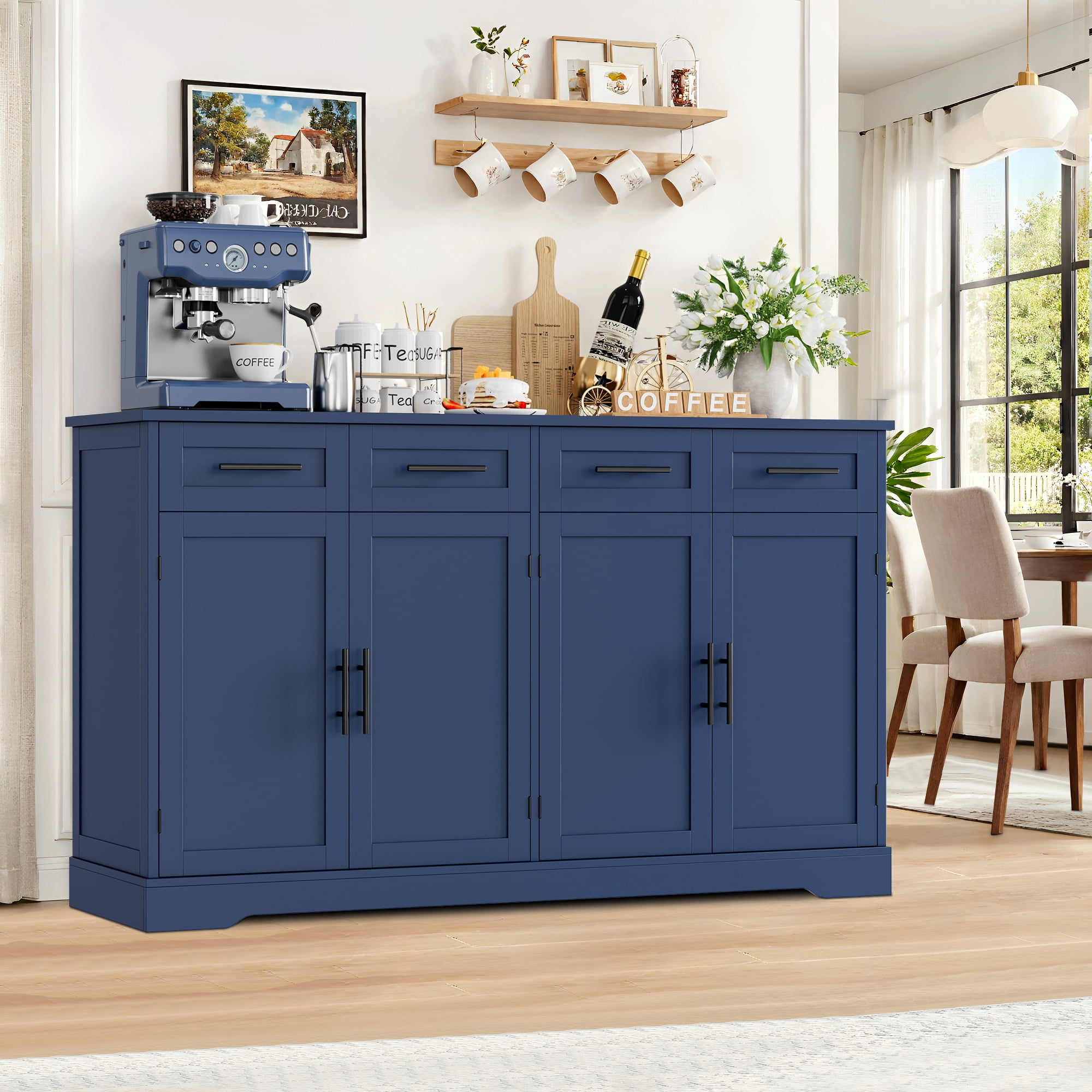 Homfa Farmhouse Buffet Cabinet with 4 Drawers and 4 Doors, 59" W Sideboard Buffet Storage Cabinet with Shelves, for Kitchen Living Room Bedroom, Blue