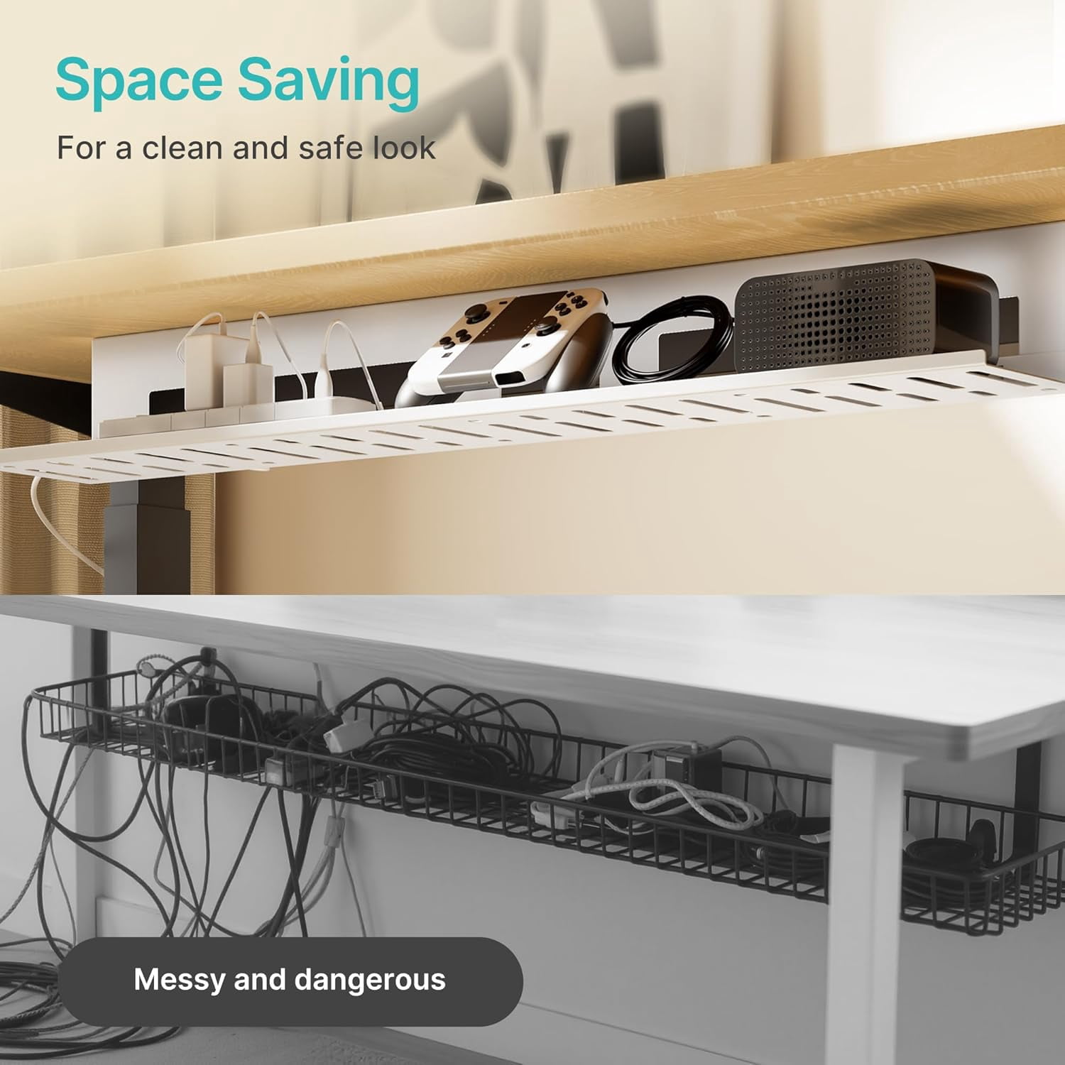 Under Desk Cable Management Tray, 31.5" Metal Cord Organizer Rack for Power Strips, Wires & Chargers, Easy Mounting Desk Tray for Home Office, White