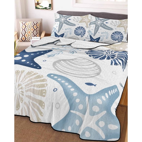 Blue Starfish Coastal King Size Down Alternative Comforter, Lightweight Comforter Quilt Bedding Set with Pillow Shams Summer Beach Nautical Coral Sea All Seasons Bed Comforter Duvet Insert 96"x106"