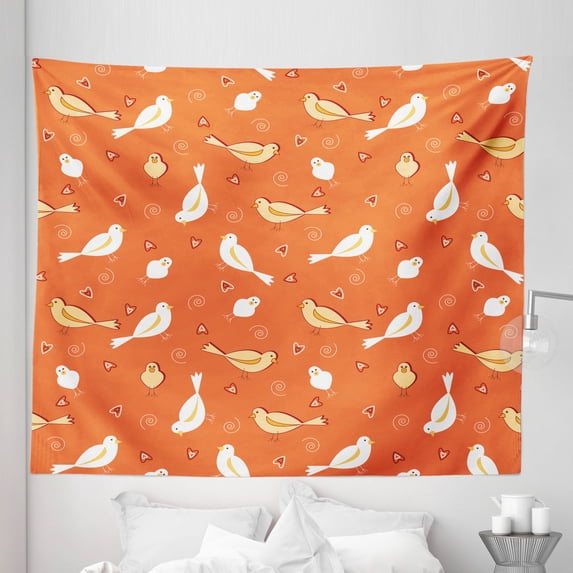 Vintage Tapestry, Birds with Heart Shapes Swirling Patterns on Burnt Orange Vintage Backdrop, Fabric Wall Hanging Decor for Bedroom Living Room Dorm, 5 Sizes, Orange Yellow White, by Ambesonne