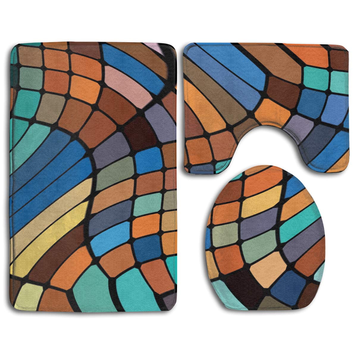GOHAO Brown Trippy Mosaic 3 Piece Bathroom Rugs Set Bath Rug Contour
