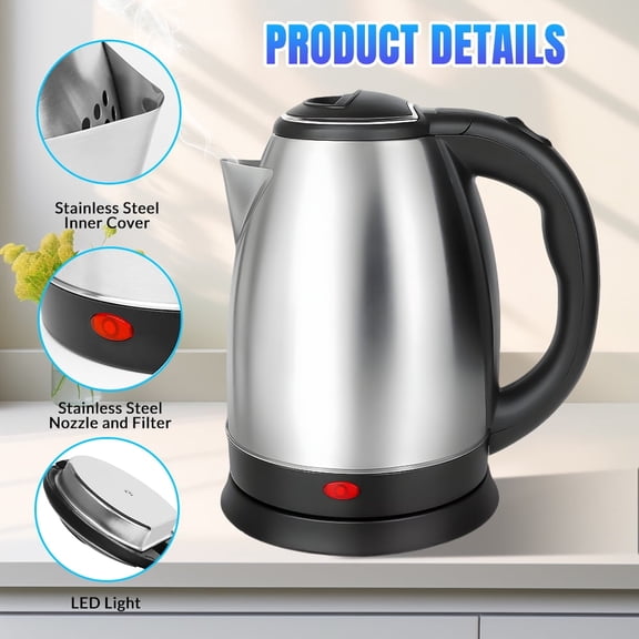 2.0L stainless steel electric kettle, one-button pop lid design, 360° rotating base, large-capacity quick-cooking kettle