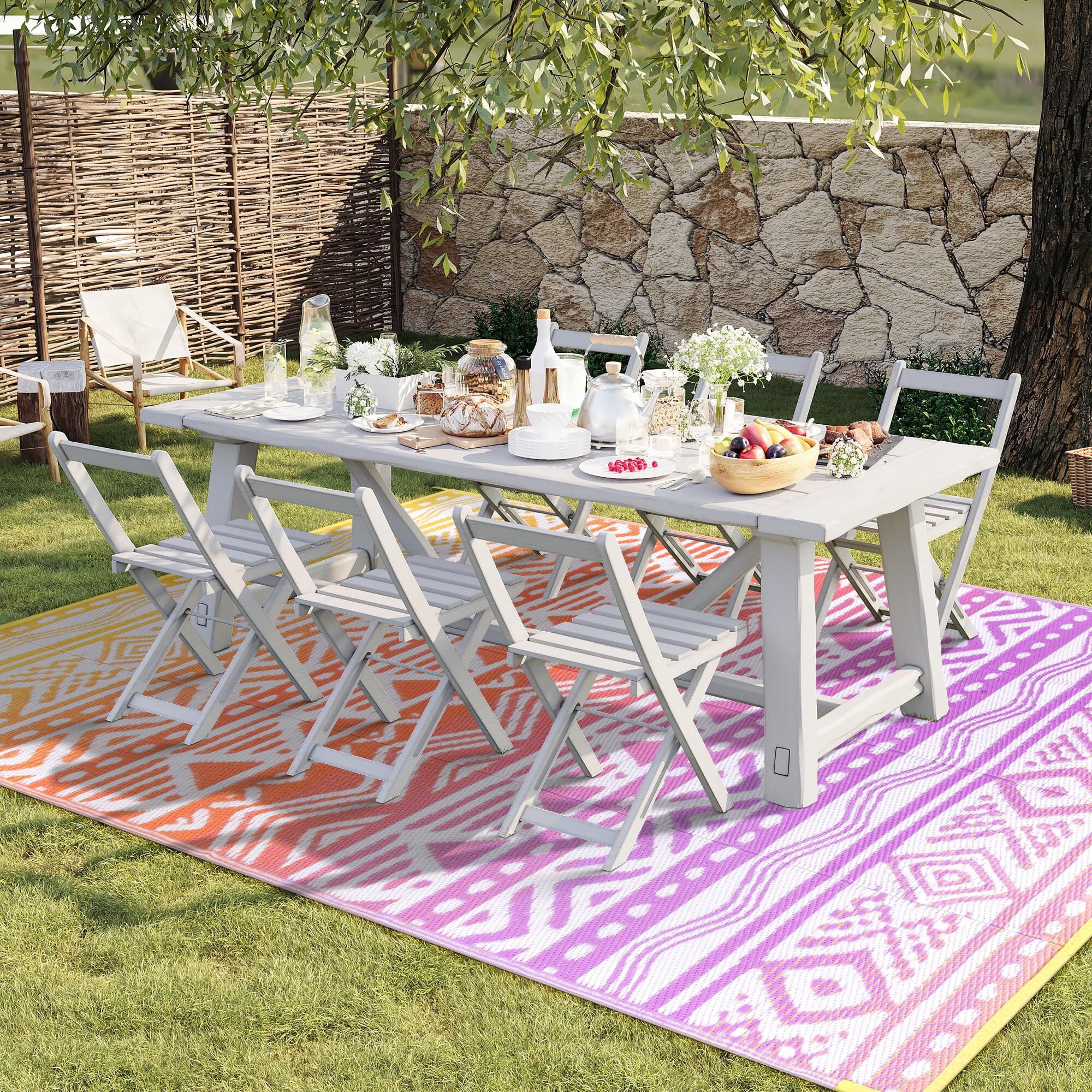 Moynesa Large Outdoor Rug Waterproof, 8'x10' Lightweight Plastic Straw Rug for Camping RV, Reversible Outside Carpet for Patio Deck Porch Balcony Picnic Tent, Orange/Purple