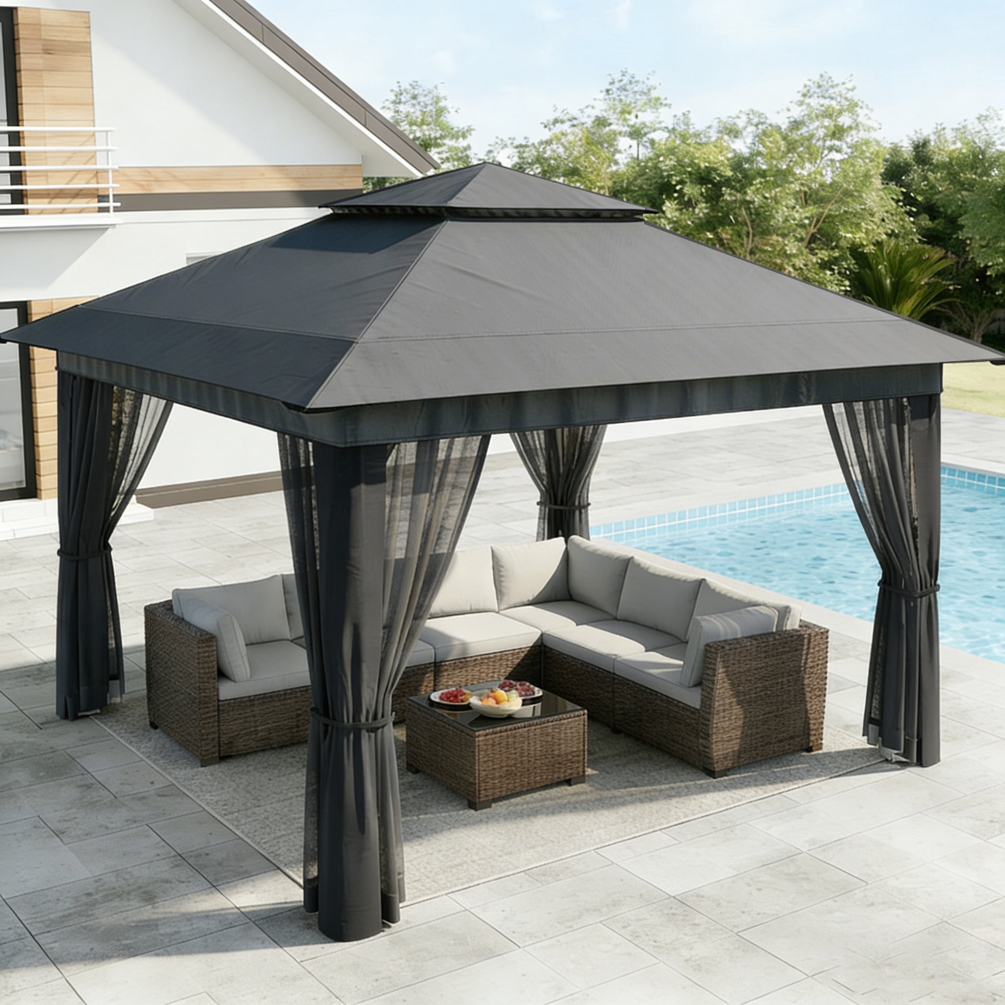 Patio Furniture Set - Includes 7 PCS Wicker Sectional sofa & 11x11 Pop Up Gazebo, 121 Square feet of Shade for Poolside, Garden, Party, Gray