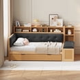thumbnail image 4 of MODERNLUXE Wood Full Size Daybed with Drawers and Trundle, Captain Bed with Upholstered Bench and Cushion. Bed with Shelves and USB Ports, Natural, 4 of 13
