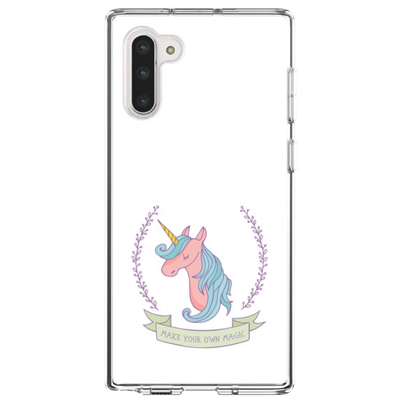 DistinctInk Clear Shockproof Hybrid Case for Samsung Galaxy Note 10 (6.3" Screen) - TPU Bumper, Acrylic Back, Tempered Glass Screen Protector - Unicorn - Make Your Own Magic - White