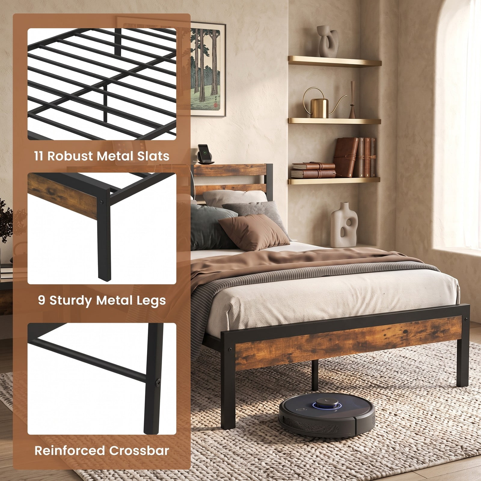 Furnibear Queen Bed Frame with Storage, Metal Platform Bed with Storage Headboard and Charging Station, Rustic Brown
