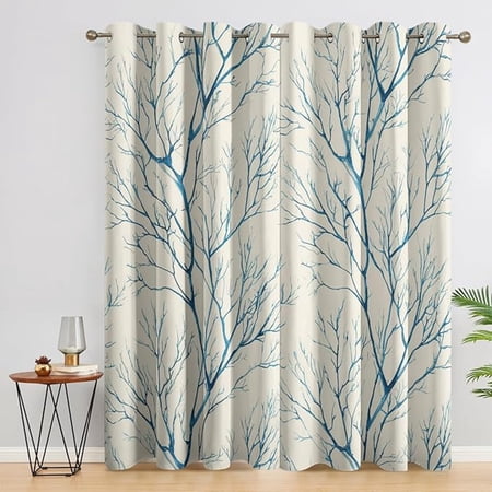 Blue Tree Branch Blackout Curtains Minimalist Botanical Print Grommet Drapes Neutral Beige & Blue Window Curtains for Bedroom & Living Room 26 W x 54 L (Pack of 2)