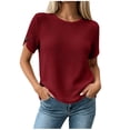 thumbnail image 3 of VBVC Women's Waffle Summer Short Sleeve Top , Ladies' Crew Neck Casual Blouse , Back Button Down T-Shirt For Women,Wine,S-2XL, 3 of 8