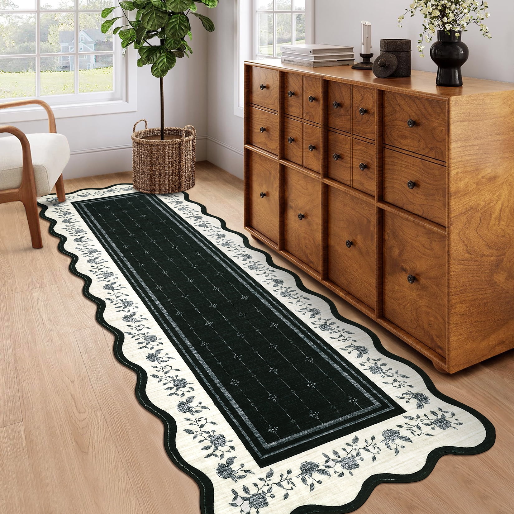 Garvee 2'x6' Scalloped Floral Rug Modern Farmhouse Carpet, Washable Rug with Non Slip Backing Soft Foldable Mat for Hallway Bedroom Kitchen, Black