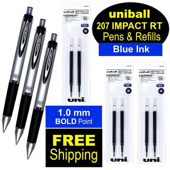 Uniball Signo Impact 207 RT 65871 With Refills 65874PP, Blue Gel Ink, 1.0mm, FREE Delivery