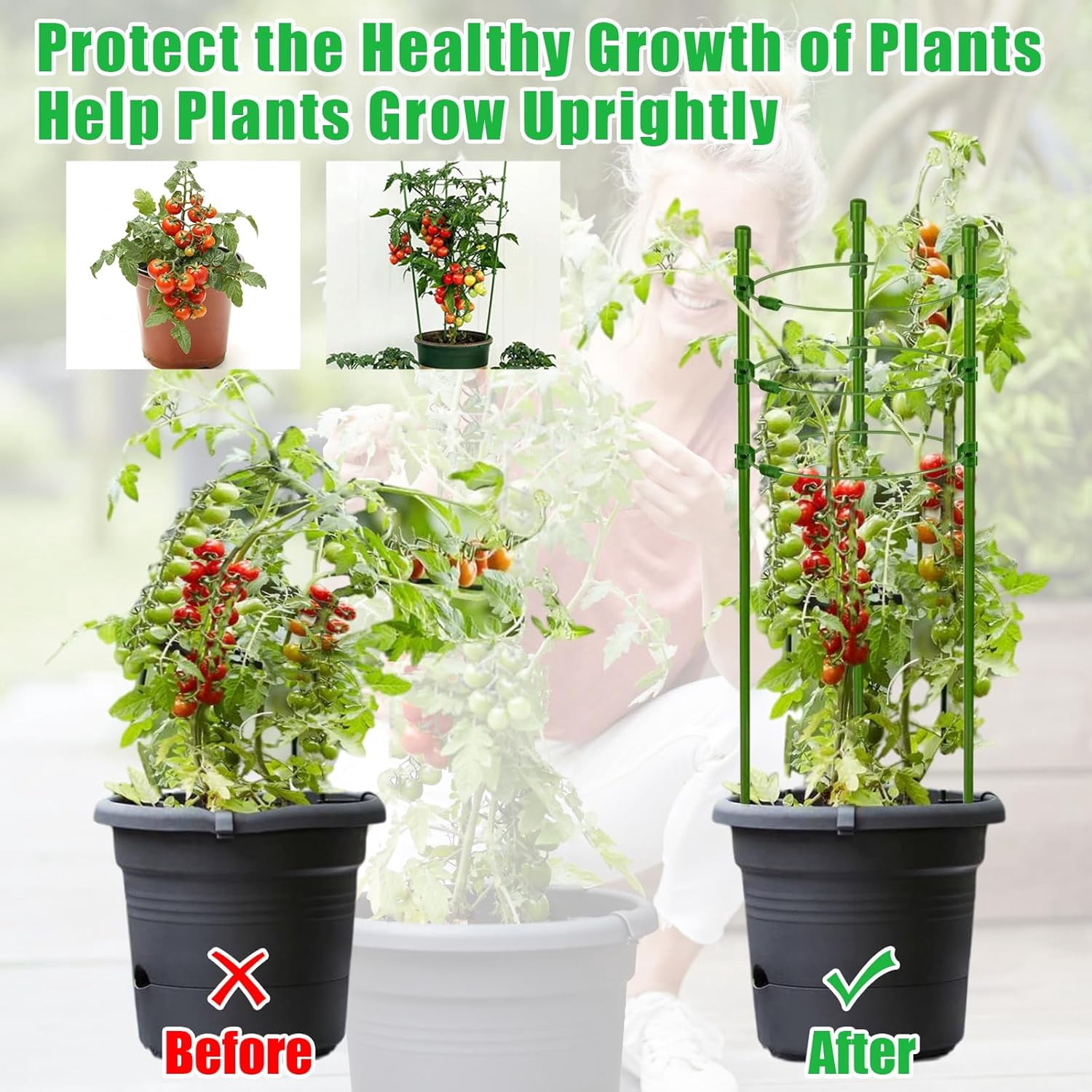36 Inch 6 Pack Plant Support Cages Tomato Cage for Garden with 10 Plant Clips- Plant Cages Adjustable Rings, Tomato Plant Support Stakes Trellis for Pots, Peppers, Cucumbers and Flowers