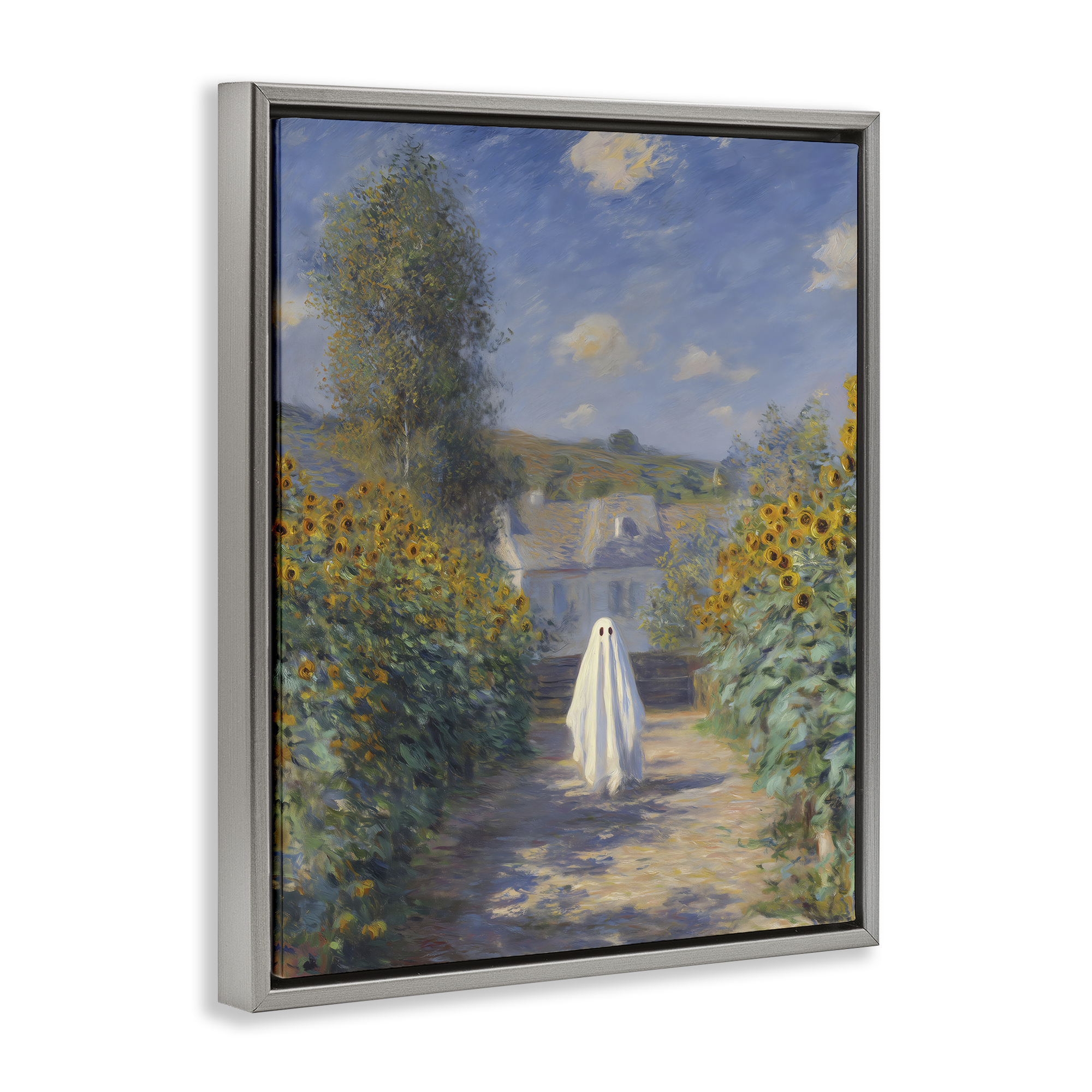 Monet Style Sunflower Ghost Gray Framed Floater Canvas Wall Art, design by Arlington Prints