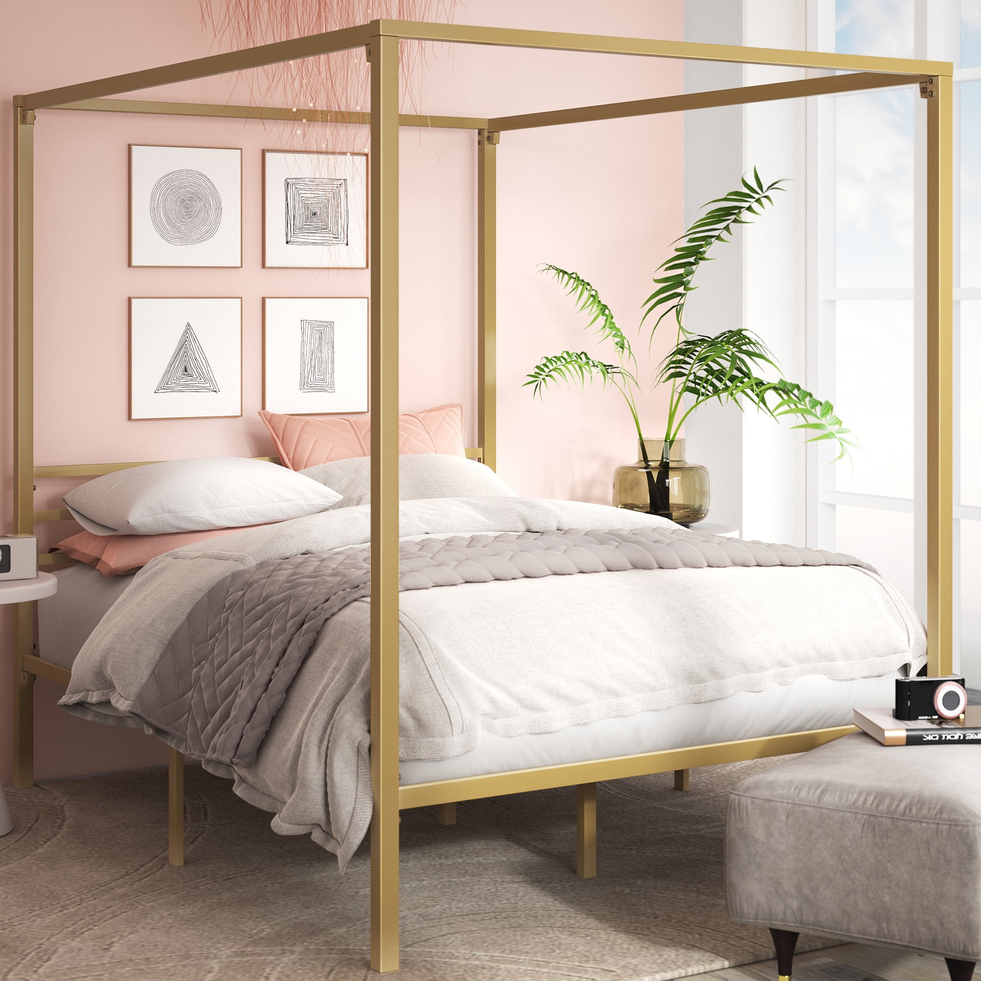 Gold Metal Canopy Platform Bed Frame, Zinus Suzanne 72 Metal And Wood Canopy Platform Bed Frame Queen