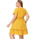 thumbnail image 4 of Women's Plus Size Dress V Neck Lace Insert Half Placket Short Sleeve Tie Waist Ruffle Hem Mini Dress Yellow 1X, 4 of 5