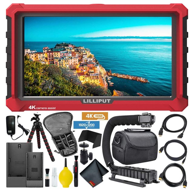 Lilliput A7S Cámara Full HD IPS 7", Monitor Campo Soporte 4K (Estuche Rojo), Paq. Avanz. Puertos HDMI c/ Mango Estab., Trípode, Cables HDMI, Estuche Transp., Mochila y Kit Limp.