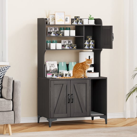 Modern Cat Litter Box Enclosure Furniture for Cats - 4-Tier Storage Shelves & Hidden Washroom Cabinet - Multi-Functional Wooden Cat House - Hidden Hickory with Litter Mat