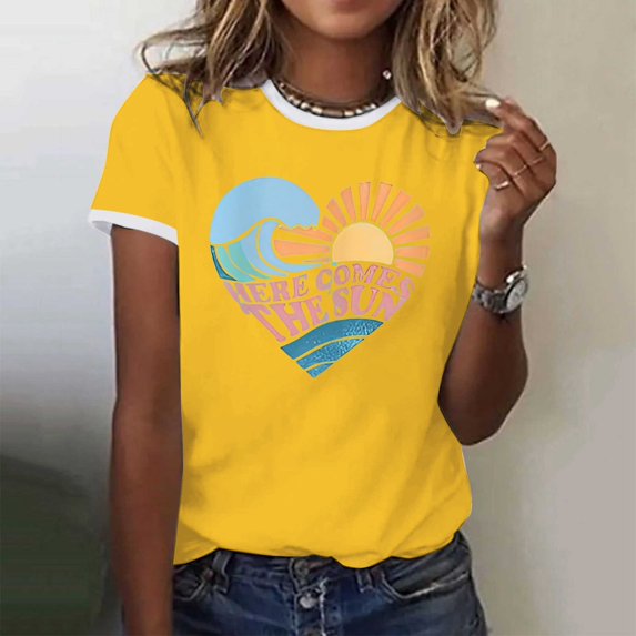 Tees Tops For Women T-Shirts Color Block Graphic Short Sleeve Beach Summer Layer Clothes Yellow S
