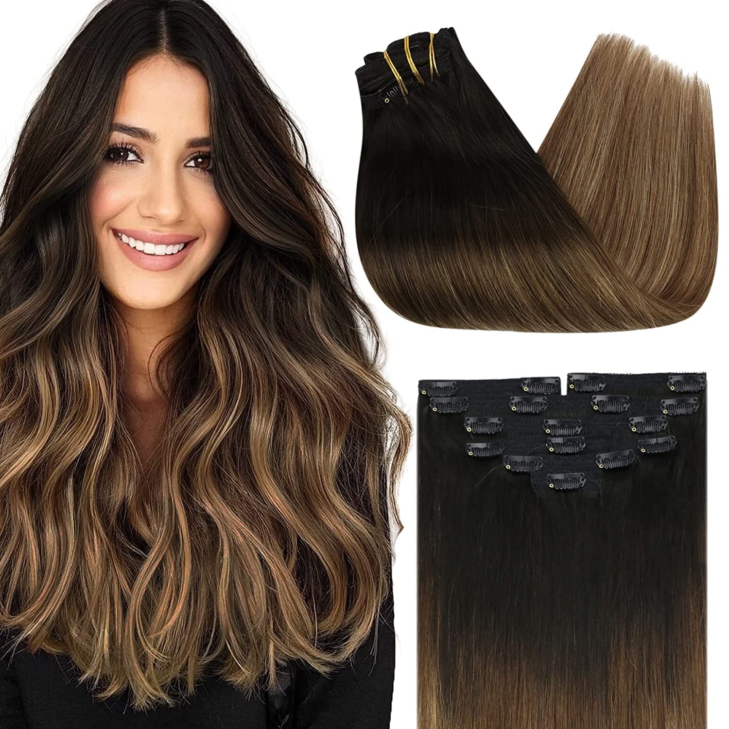 Sunny Clip in Hair Extensions 16 inch Balayage Off Black to Medium Brown  Mix Caramel Blonde Straight Hair 7pcs 120g 