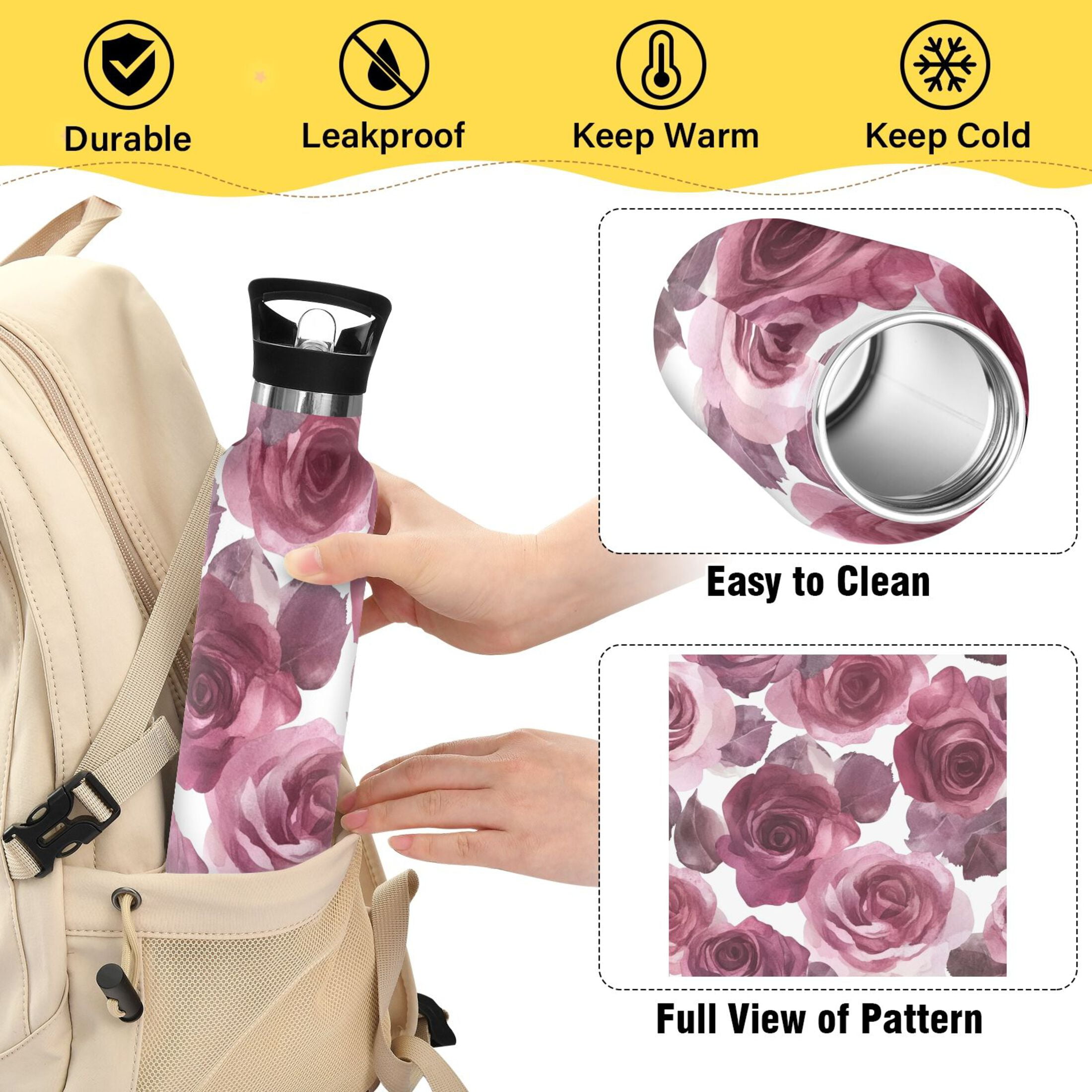 600ML Stainless Steel Insulated Cup Sports Water Bottle Portable Thermos Cup Water Glasses Insulated Tumblers Convenient and Durable Maroon Roses
