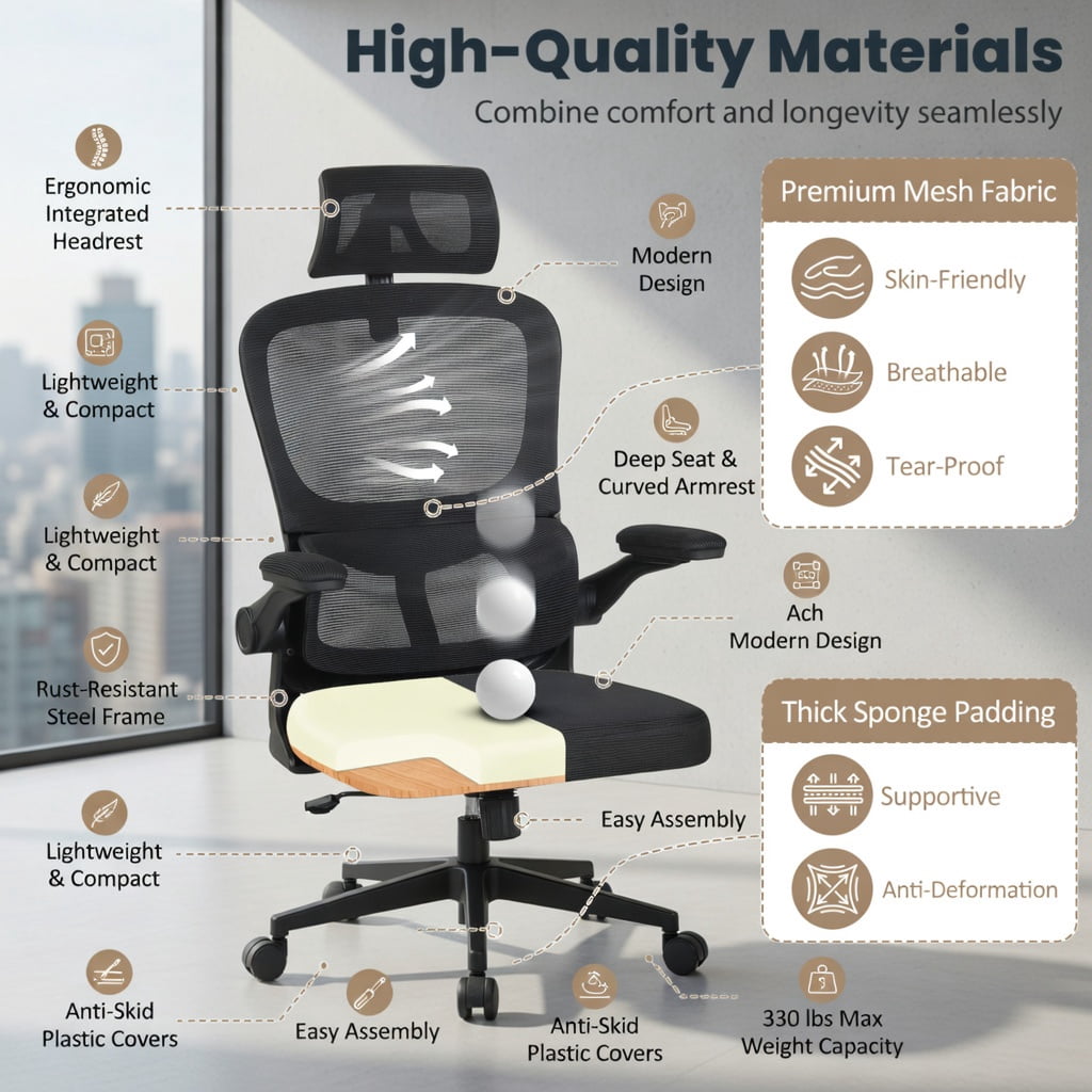 Demi Bonn Mesh Office Chair with Adaptive Lumbar Support Flip-up Armrests, Reclining Backrest, Rolling Work Computer Desk Chair, Black