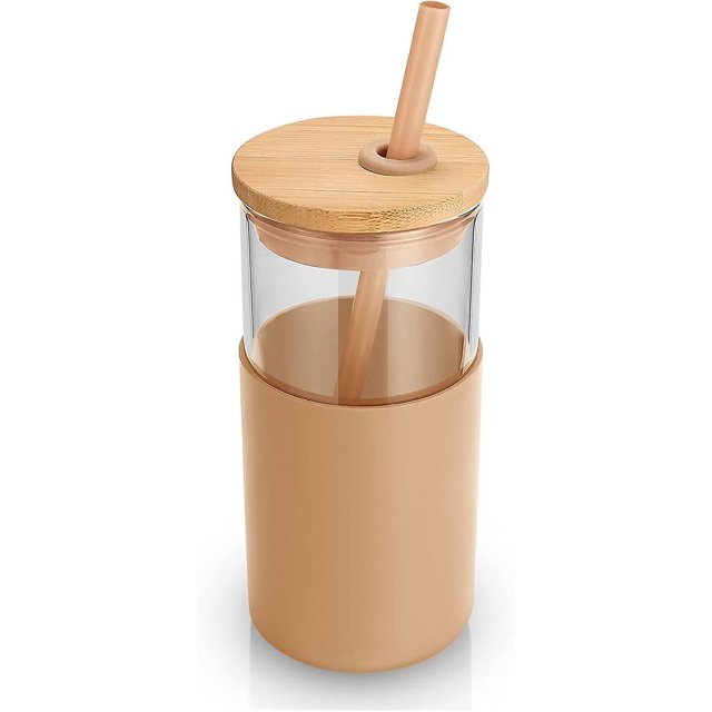 Tapa de bambú de la manga protectora del silicón de la paja del vaso de vidrio de 16 oz - sin Bpa