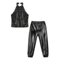 thumbnail image 3 of TiaoBug Kids Girls Hip Hop Jazz Ballet Dance Costume Sequins Halter Sleeveless Dance Crop Top with Metallic Pants Black 8, 3 of 5