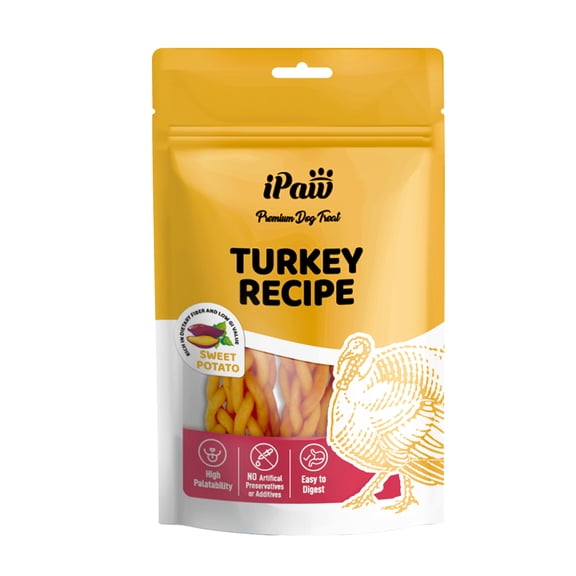iPaw Turkey Dog Treats, All Natural Human Grade Dog Treat, Suitable for Training chew, US Sourced Raw Material, Hypoallergenic, Rawhide Alternative,Braided Stick (Sweet Potato)