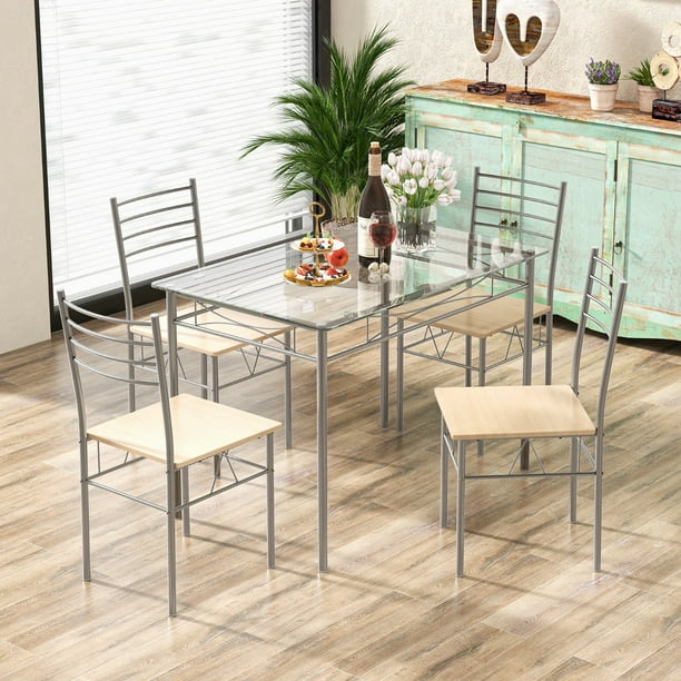 Juego de Comedor Costway Mesa Rectangular de Vidrio y 4 Sillas Metal