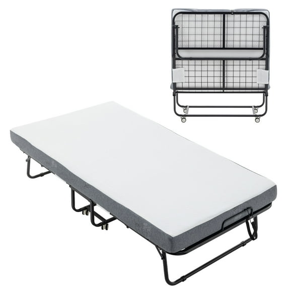 Folding Bed with 5 Inch Mattress for Adults, Foldable Portable Guest Bed with Memory Foam Mattress & Sturdy Metal Frame, Cot Size Fold up Bed on Wheels, Easy to Store, 75 x 38 Inch