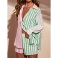 thumbnail image 3 of Women'S 2 Piece Casual Tracksuit Sets Stripe Long Sleeve Shirt and Loose High Waisted Mini Shorts Set Pink Green S, 3 of 8