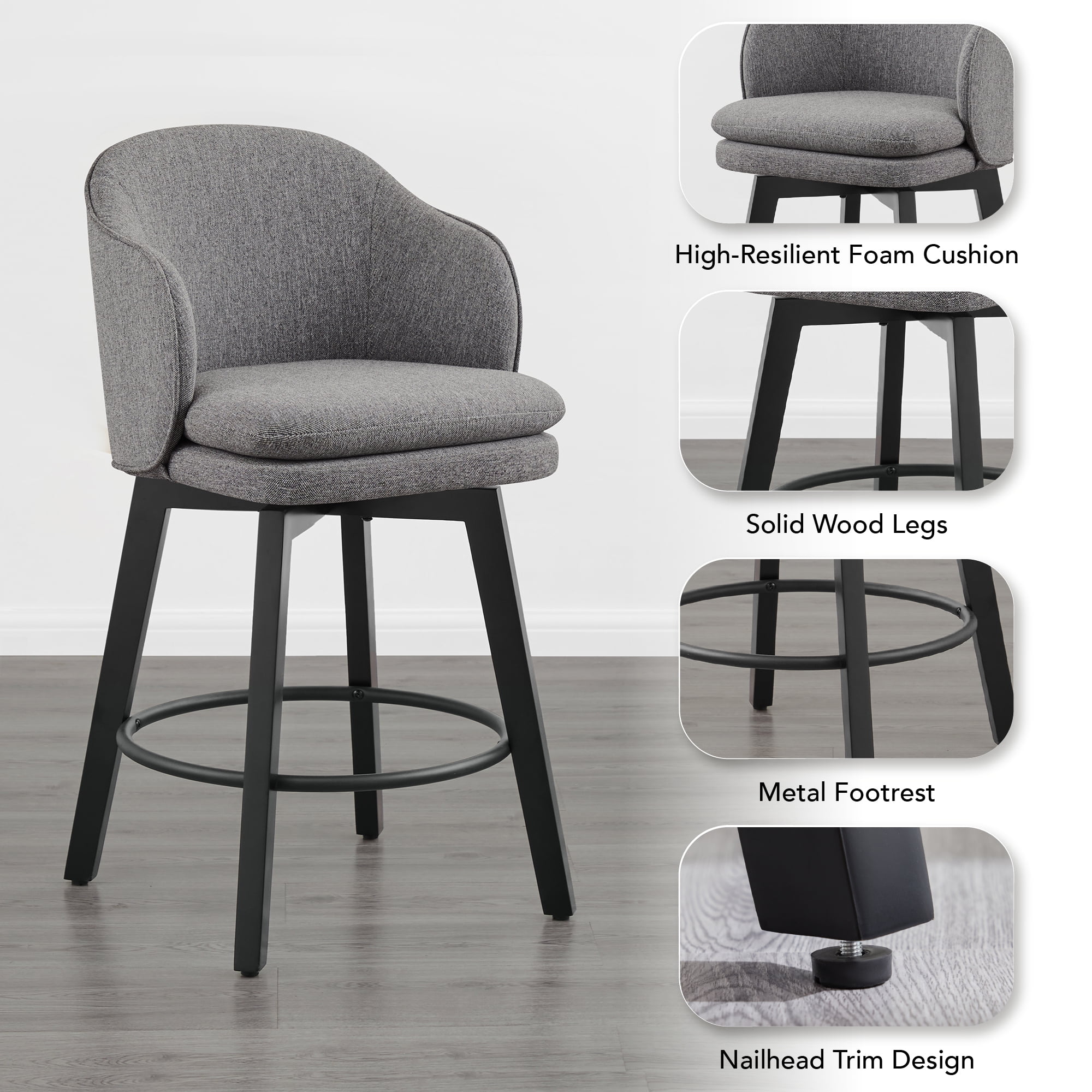 Spruce & Spring Counter Height Swivel Bar Stool with Curved Back and Arms Single, Grey, Fabric