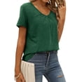 thumbnail image 3 of HUBERY Women Solid Color Pleated V Neck Short Sleeve Pullover Plain Top, 3 of 4