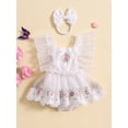 thumbnail image 2 of Infant Baby Girls 2 Piece Summer Set, Fly Sleeve Flower Embroidery Lace Trim Romper Dress + 3D Bow Headband, 2 of 9