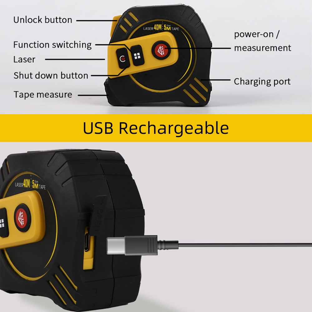 M Buder 2-in-1 Digital Tape Measure with Laser Distance Meter 130ft / 40m Retractable AutoLock Measuring Tape 16ft / 5m LCD Backlit Display 4 Measurement Modes Built-in Battery